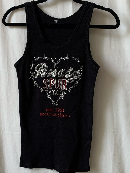 None Tops - Cowgirl Rusty Spur Saloon Black Rhinestone Logo Tank